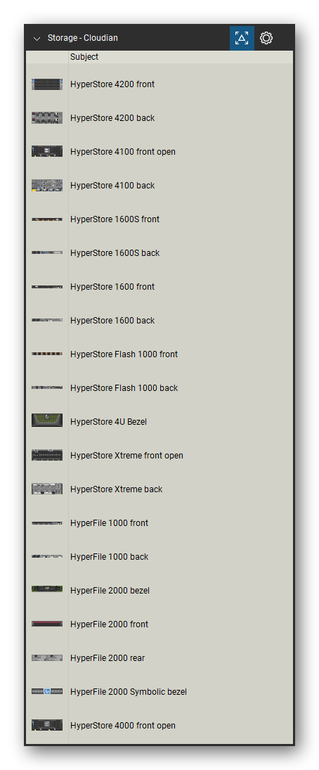 Storage & Backup tool set for Bluebeam Revu, Cloudian set (tools 1-20 of 27) - 20 views of 14 devices, front and rear: HyperStore 4200, HyperStore 4100 front open, HyperStore 4100, HyperStore 1600S, HyperStore 1600, HyperStore Flash 1000, HyperStore 4U Bezel, HyperStore Xtreme front open, HyperStore Xtreme, HyperFile 1000 and 4 more. Tool Chest in Detail view, one row per tool with its name.