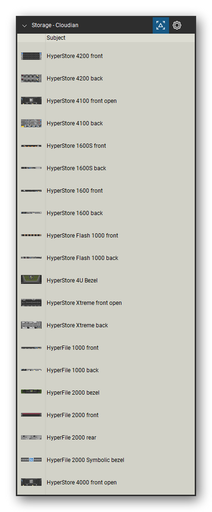 Storage & Backup tool set for Bluebeam Revu, Cloudian set (tools 1-20 of 27) - 20 views of 14 devices, front and rear: HyperStore 4200, HyperStore 4100 front open, HyperStore 4100, HyperStore 1600S, HyperStore 1600, HyperStore Flash 1000, HyperStore 4U Bezel, HyperStore Xtreme front open, HyperStore Xtreme, HyperFile 1000 and 4 more. Tool Chest in Detail view, one row per tool with its name.