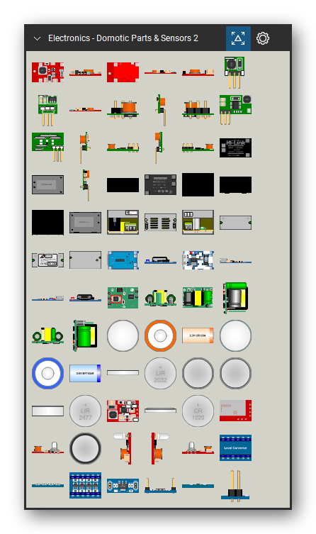 Automation & Electronics tool set for Bluebeam Revu, Domotic Parts & Sensors 2 set (tools 1-72 of 247) - 72 views of 26 devices, front, rear, side, top and bottom: Step-up 3 to 5V 1A, Step-up 0.8 to 3.3V, Step-up 0.8 to 3.3V Up, Step-up 0.8 to 3.3V Down, Step-up(2) 0.8 to 3.3V, Step-up(2) 0.8 to 3.3V Up, Step-up(2) 0.8 to 3.3V Down, HLK-PM01, RAC02-05SC, Power AC 5V 2A and 16 more. Tool Chest in Symbol view.