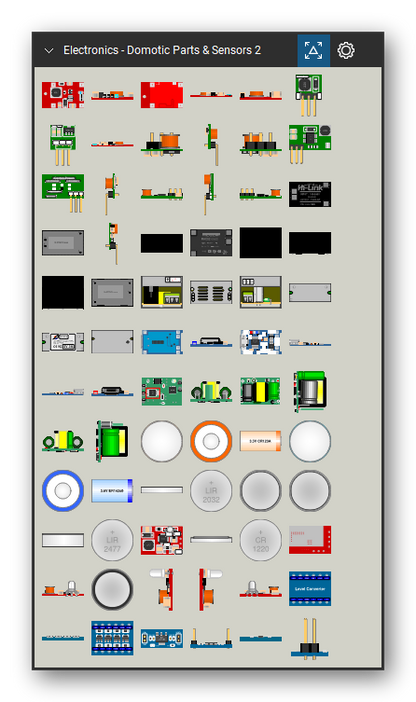 Automation & Electronics tool set for Bluebeam Revu, Domotic Parts & Sensors 2 set (tools 1-72 of 247) - 72 views of 26 devices, front, rear, side, top and bottom: Step-up 3 to 5V 1A, Step-up 0.8 to 3.3V, Step-up 0.8 to 3.3V Up, Step-up 0.8 to 3.3V Down, Step-up(2) 0.8 to 3.3V, Step-up(2) 0.8 to 3.3V Up, Step-up(2) 0.8 to 3.3V Down, HLK-PM01, RAC02-05SC, Power AC 5V 2A and 16 more. Tool Chest in Symbol view.