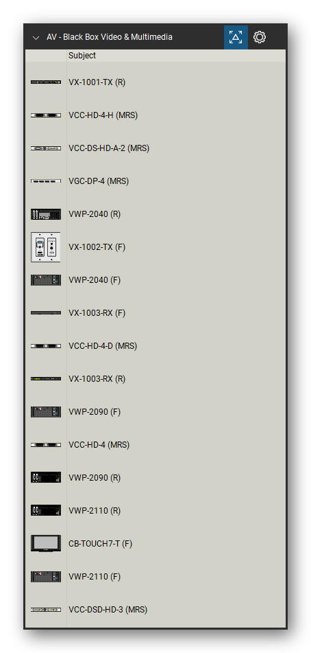AV, Broadcast & Stage Lighting tool set for Bluebeam Revu, Black Box Video & Multimedia set (tools 107-123 of 139) - 17 views of 13 devices, front and rear: VX-1001-TX, VCC-HD-4-H (MRS), VCC-DS-HD-A-2 (MRS), VGC-DP-4 (MRS), VWP-2040, VX-1002-TX, VX-1003-RX, VCC-HD-4-D (MRS), VWP-2090, VCC-HD-4 (MRS) and 3 more. Tool Chest in Detail view, one row per tool with its name.