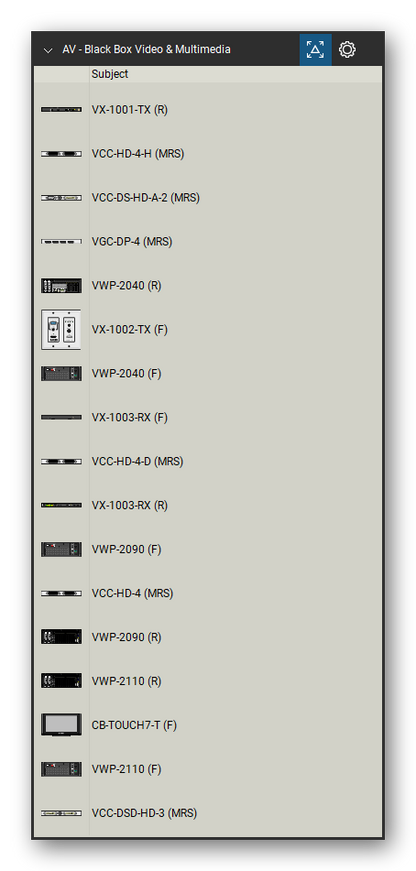 AV, Broadcast & Stage Lighting tool set for Bluebeam Revu, Black Box Video & Multimedia set (tools 107-123 of 139) - 17 views of 13 devices, front and rear: VX-1001-TX, VCC-HD-4-H (MRS), VCC-DS-HD-A-2 (MRS), VGC-DP-4 (MRS), VWP-2040, VX-1002-TX, VX-1003-RX, VCC-HD-4-D (MRS), VWP-2090, VCC-HD-4 (MRS) and 3 more. Tool Chest in Detail view, one row per tool with its name.