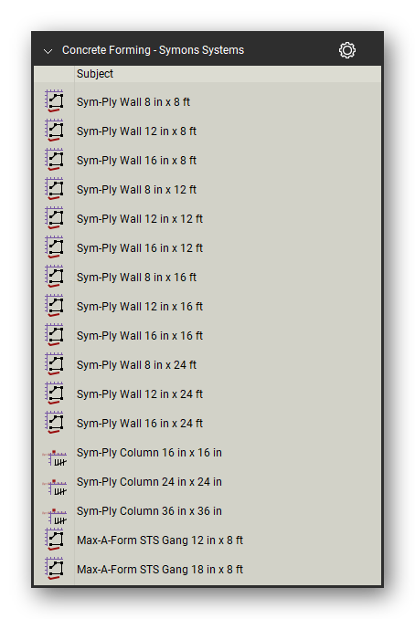 Symons systems in the Concrete Forming Takeoff & Estimating Bluebeam tool set (sheet 1 of 5)