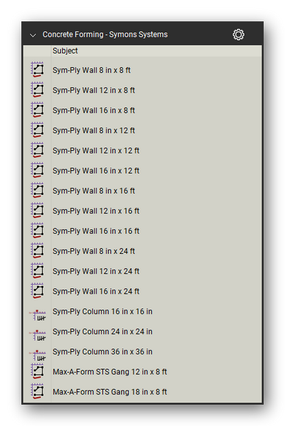 Symons systems in the Concrete Forming Takeoff & Estimating Bluebeam tool set (sheet 1 of 5)