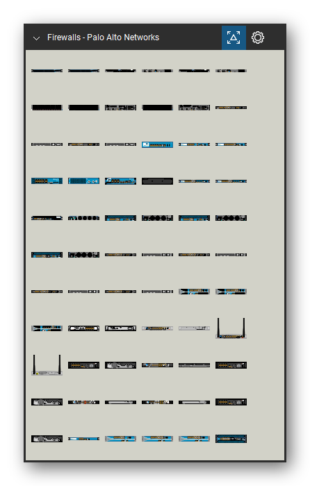 Firewalls & Security Appliances tool set for Bluebeam Revu, Palo Alto Networks set (tools 1-66 of 137) - 66 views of 41 devices, front and rear: GP-100, M-100, M-200, M-300, M-500, M-600, M-700, PA-1410, PA-1420, PA-200 and 31 more. Tool Chest in Symbol view.
