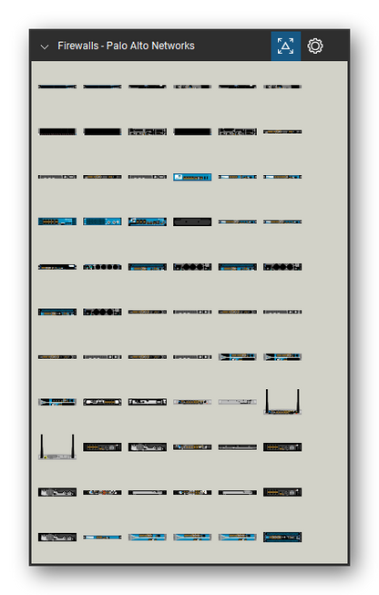Firewalls & Security Appliances tool set for Bluebeam Revu, Palo Alto Networks set (tools 1-66 of 137) - 66 views of 41 devices, front and rear: GP-100, M-100, M-200, M-300, M-500, M-600, M-700, PA-1410, PA-1420, PA-200 and 31 more. Tool Chest in Symbol view.