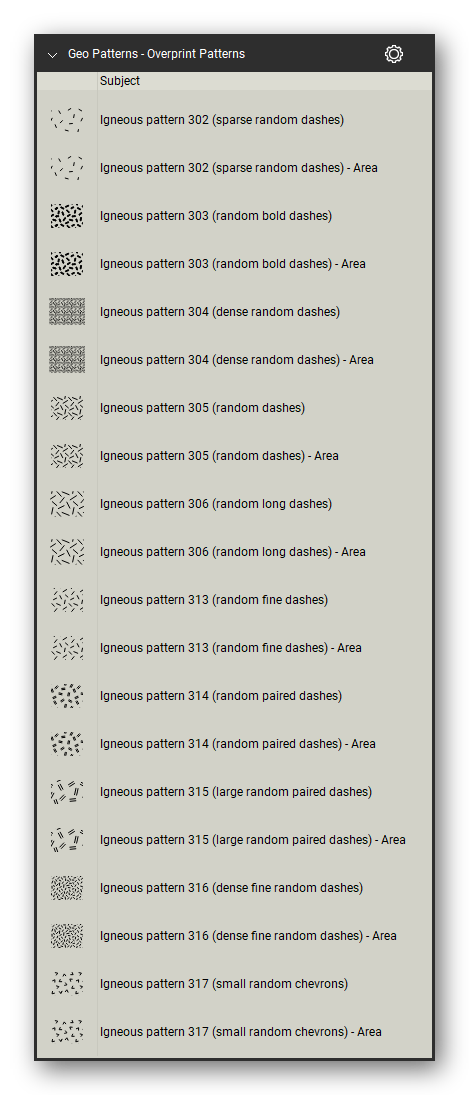 Geologic Hatch Patterns & Map Units tool set for Bluebeam Revu: Overprint Patterns set, tools 81-100 of 178 - Igneous pattern 302 (sparse random dashes), Igneous pattern 303 (random bold dashes), Igneous pattern 304 (dense random dashes), Igneous pattern 305 (random dashes), Igneous pattern 306 (random long dashes), Igneous pattern 313 (random fine dashes), Igneous pattern 314 (random paired dashes) and 3 more. Tool Chest in Detail view, one row per tool with its FGDC reference number and name.