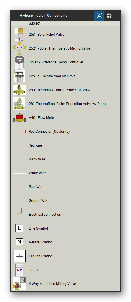 Hydronic Heating & Controls tool set for Bluebeam Revu, Caleffi Components set (tools 60-78 of 115) - 19 tools: 253 - Solar Relief Valve, 2521 - Solar Thermostatic Mixing Valve, iSolar - Differential Temp Controller, GeoCal - Geothermal Manifold, 280 ThermoMix - Boiler Protection Valve, 281 ThermoBloc- Boiler Protection Valve, V40 - Flow Meter, Red Connector (No Jump), Red wire, Black Wire and 9 more. Tool Chest in Detail view, one row per tool with its name.