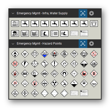 Incident & Emergency Management tool set for Bluebeam Revu, the Infra, Water Supply and Hazard Points sets in the Tool Chest - Infra, Water Supply (15 tools) and Hazard Points (42 tools).