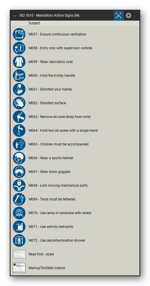 ISO 7010 Safety Signs tool set for Bluebeam Revu, Mandatory Action Signs (M) set (part 4 of 4) - 71 blue mandatory action signs: general mandatory action sign, wear ear, eye, foot, hand, head and respiratory protection, high-visibility clothing, safety harness, face shield, welding mask, use handrail, use footbridge, disconnect before maintenance, keep locked, ventilate, wash and disinfect hands, and lifeboat launch sequence signs. Tool Chest in Detail view, one row per sign with its number and full name.