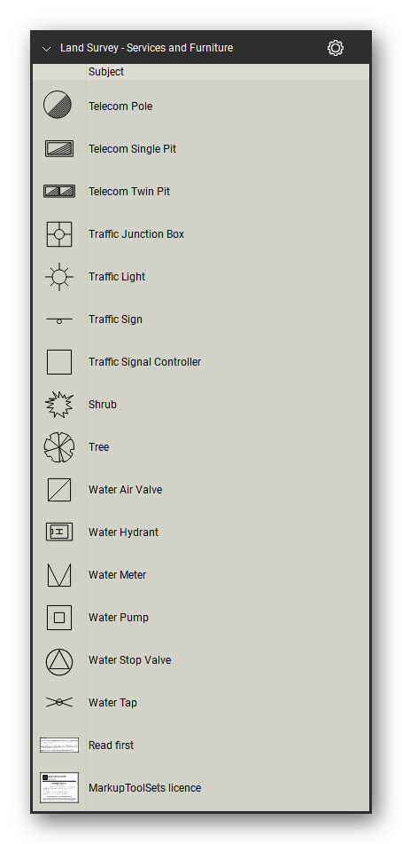 Land Survey tool set for Bluebeam Revu, Services and Furniture set (part 3 of 3) - 48 service and street furniture symbols: electrical, telecom and optical fibre pits, pillars, markers and poles, gas mains, meters and valves, sewer manholes, lampholes and vent pipes, water air valves, hydrants, meters, pumps and taps, drainage gully pits and manholes, traffic lights and signal controllers, seats, bus stop signs, flag poles, post boxes and more. Tool Chest in Detail view, one row per tool with its full name.