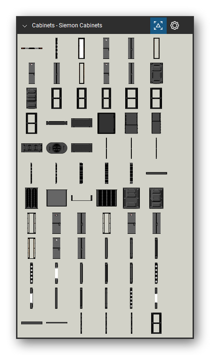Racks, Cabinets & Cable Pathways tool set for Bluebeam Revu, Siemon Cabinets set (tools 1-72 of 149) - 72 views of 65 devices, front, rear, side and top: VP-GRD, V-TRAY-1-150-42, V6(X)A 42 Open, V6(X)A 42U Closed, V6(X)A-42U Closed R, V6(X)A 45U Open, V6(X)A 45U Closed, V6(X)A 48U Open, V6(X)A 48U Closed, V61A and 55 more. Tool Chest in Symbol view.