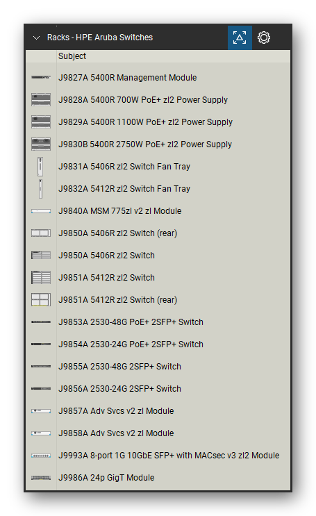 Racks tool set for Bluebeam Revu, HPE Aruba Switches set (part 2 of 10) - 187 views of Aruba 2530, 2540, 2930F, 2930M, 3810M, 5400R, 6200F, 6300, 6400, 8320, 8325 and 8400 switches with their modules, power supplies and fan trays, front and rear, and SFP and QSFP transceivers. Tool Chest in Detail view, one row per tool with its name.