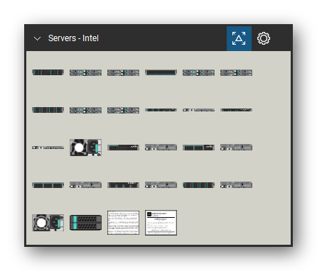Servers tool set for Bluebeam Revu, Intel set - 26 views of 16 devices, front and rear: H2216xx, H2216xx Rear (QSFP), H2224xx, H2224xx Rear (QSFP), H2312xx, H2312xx Rear (QSFP), R1208WT, R1304WT, R1xxxWT PSU, R2208WT and 6 more. Tool Chest in Symbol view.