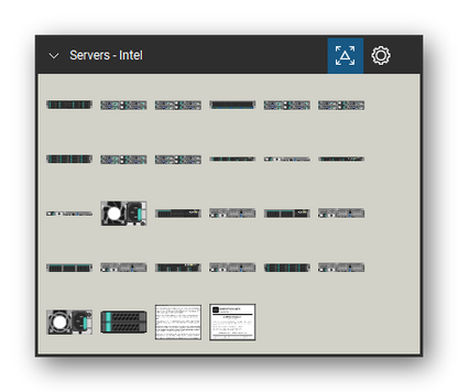 Servers tool set for Bluebeam Revu, Intel set - 26 views of 16 devices, front and rear: H2216xx, H2216xx Rear (QSFP), H2224xx, H2224xx Rear (QSFP), H2312xx, H2312xx Rear (QSFP), R1208WT, R1304WT, R1xxxWT PSU, R2208WT and 6 more. Tool Chest in Symbol view.