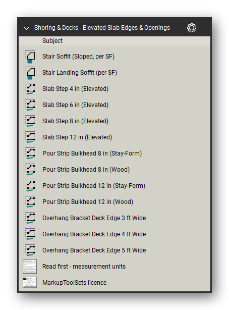 Slab edges and openings in the Shoring & Elevated Decks Takeoff & Estimating Bluebeam tool set (sheet 2 of 2)