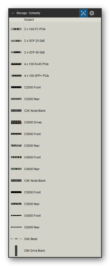 Storage & Backup tool set for Bluebeam Revu, Cohesity set (tools 1-20 of 31) - 20 views of 15 devices, front and rear: 2 x 16G FC PCIe, 2 x OCP 25 GbE, 2 x OCP 40 GbE, 4 x 10G RJ45 PCIe, 4 x 10G SFP+ PCIe, C2000, C2K Node Blank, C3000 Drives, C3000, C4000 and 5 more. Tool Chest in Detail view, one row per tool with its name.