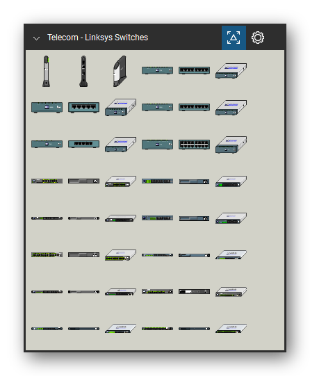 Telecom, Voice & Wireless tool set for Bluebeam Revu, Linksys Switches set (tools 1-48 of 89) - 48 views of 16 devices, front, rear and isometric: NSLU2, SD208, SD205, SD2008, SD2005, SD216, SR2016 (Desktop), SR-224 (Desktop), SR224R, SR216 and 6 more. Tool Chest in Symbol view.