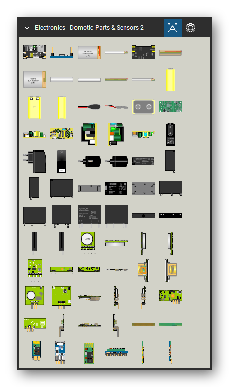 Automation & Electronics tool set for Bluebeam Revu, Domotic Parts & Sensors 2 set (tools 73-144 of 247) - 72 views of 30 devices, front, rear, side, top and bottom: Breadboard Power Supply, AMS1117 5V to 3.3V Power Supply Long Side 2, SD 502035 3,7V 400mAH Li-Po, 403040 3,7V 450mAH Li-PO, 403030 3,7V 450mAH Li-Po, 9V Battery Side 2, 9V Battery Side 3, 9V Battery Side 1, 9V Battery Contact, 9V Battery and 20 more. Tool Chest in Symbol view.