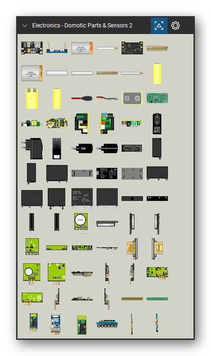 Automation & Electronics tool set for Bluebeam Revu, Domotic Parts & Sensors 2 set (tools 73-144 of 247) - 72 views of 30 devices, front, rear, side, top and bottom: Breadboard Power Supply, AMS1117 5V to 3.3V Power Supply Long Side 2, SD 502035 3,7V 400mAH Li-Po, 403040 3,7V 450mAH Li-PO, 403030 3,7V 450mAH Li-Po, 9V Battery Side 2, 9V Battery Side 3, 9V Battery Side 1, 9V Battery Contact, 9V Battery and 20 more. Tool Chest in Symbol view.