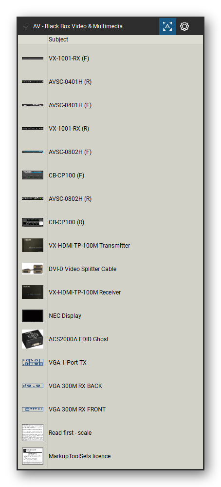 AV, Broadcast & Stage Lighting tool set for Bluebeam Revu, Black Box Video & Multimedia set (tools 124-139 of 139) - 16 views of 11 devices, front and rear: VX-1001-RX, AVSC-0401H, AVSC-0802H, CB-CP100, VX-HDMI-TP-100M Transmitter, DVI-D Video Splitter Cable, VX-HDMI-TP-100M Receiver, NEC Display, ACS2000A EDID Ghost, VGA 1-Port TX and 1 more. Tool Chest in Detail view, one row per tool with its name.