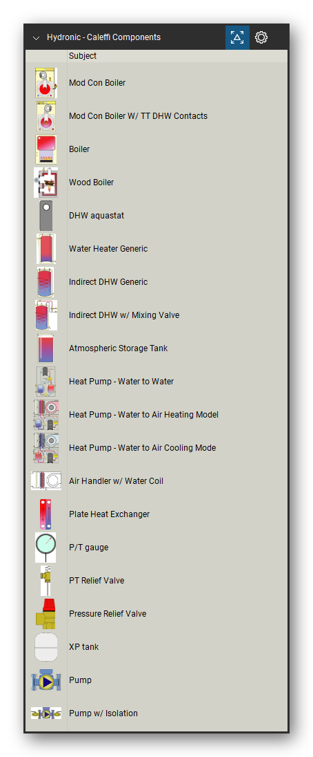 Hydronic Heating & Controls tool set for Bluebeam Revu, Caleffi Components set (tools 79-98 of 115) - 20 tools: Mod Con Boiler, Mod Con Boiler W/ TT DHW Contacts, Boiler, Wood Boiler, DHW aquastat, Water Heater Generic, Indirect DHW Generic, Indirect DHW w/ Mixing Valve, Atmospheric Storage Tank, Heat Pump - Water to Water and 10 more. Tool Chest in Detail view, one row per tool with its name.