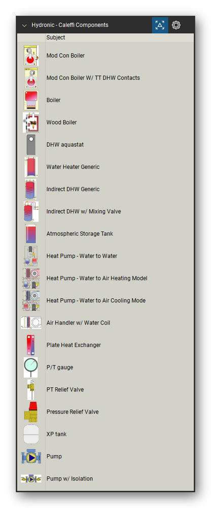 Hydronic Heating & Controls tool set for Bluebeam Revu, Caleffi Components set (tools 79-98 of 115) - 20 tools: Mod Con Boiler, Mod Con Boiler W/ TT DHW Contacts, Boiler, Wood Boiler, DHW aquastat, Water Heater Generic, Indirect DHW Generic, Indirect DHW w/ Mixing Valve, Atmospheric Storage Tank, Heat Pump - Water to Water and 10 more. Tool Chest in Detail view, one row per tool with its name.