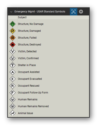 Incident & Emergency Management tool set for Bluebeam Revu, USAR Standard Symbols set (tools 1-14 of 25) - 14 tools: Structure, No Damage, Structure, Damaged, Structure, Failed, Structure, Destroyed, Victim, Detected, Victim, Confirmed, Shelter in Place, Occupant Assisted, Occupant Evacuated, Occupant Rescued and 4 more. Tool Chest in Detail view, one row per tool with its name.