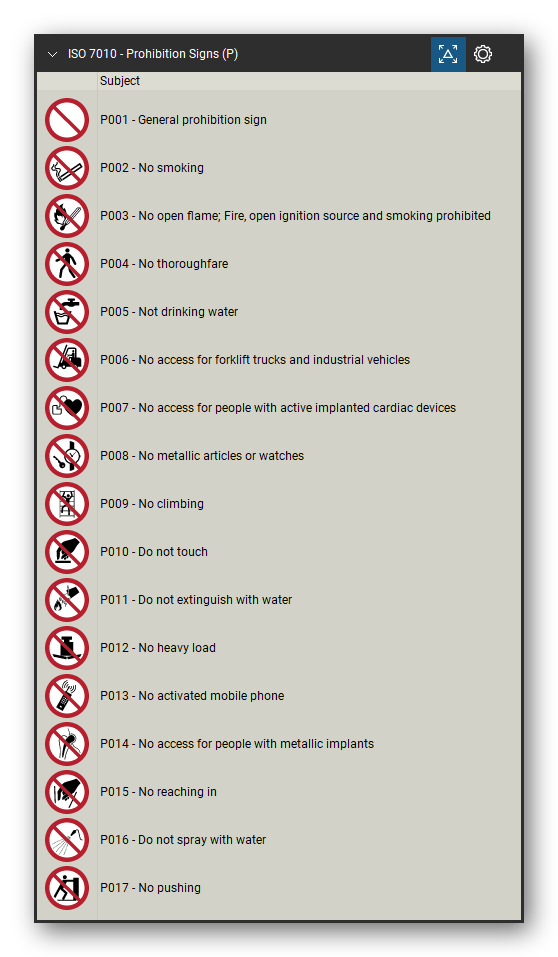 ISO 7010 Safety Signs tool set for Bluebeam Revu, Prohibition Signs (P) set (part 1 of 5) - 81 prohibition signs, red ring and bar: general prohibition sign, no smoking, no open flame, no thoroughfare, not drinking water, no access for forklift trucks, no access for people with implanted cardiac devices, do not touch, do not extinguish with water, no mobile phones, do not use lift in the event of fire, do not obstruct and more. Tool Chest in Detail view, one row per sign with its number and full name.