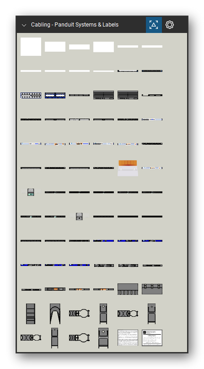 Patch Panels, Fiber & Outlets tool set for Bluebeam Revu, Panduit Systems & Labels set - 76 views of 74 devices, front and top: C050X044YJJ, C061X030FJJ, C125X030FJJ, C200X100FJJ, C252X030FJJ, C261X030FJJ, C379X030FJJ, C390X030FJJ, UILJ4, UILJ6 and 64 more. Tool Chest in Symbol view.