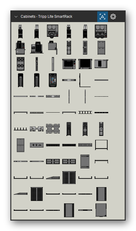Racks, Cabinets & Cable Pathways tool set for Bluebeam Revu, Tripp Lite SmartRack set (tools 1-72 of 230) - 72 views of 29 devices, front, rear, side and top: SRCOOL18K, SRCOOL24K, SRCOOL2KWM, Rack Cooling - SRCOOL33K, SRCOOL33K, SRCOOL60KCW, SRCOOL7KRM, SRXCOOL12KB, 4POSTRAILSM, SR1UPANEL and 19 more. Tool Chest in Symbol view.