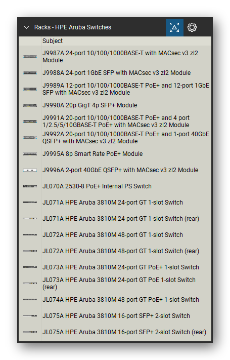 Racks tool set for Bluebeam Revu, HPE Aruba Switches set (part 3 of 10) - 187 views of Aruba 2530, 2540, 2930F, 2930M, 3810M, 5400R, 6200F, 6300, 6400, 8320, 8325 and 8400 switches with their modules, power supplies and fan trays, front and rear, and SFP and QSFP transceivers. Tool Chest in Detail view, one row per tool with its name.