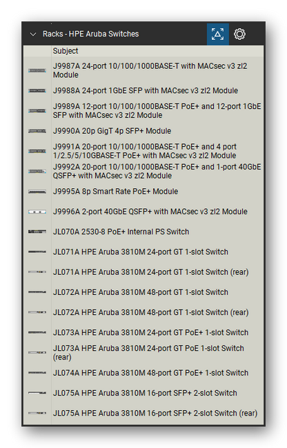 Racks tool set for Bluebeam Revu, HPE Aruba Switches set (part 3 of 10) - 187 views of Aruba 2530, 2540, 2930F, 2930M, 3810M, 5400R, 6200F, 6300, 6400, 8320, 8325 and 8400 switches with their modules, power supplies and fan trays, front and rear, and SFP and QSFP transceivers. Tool Chest in Detail view, one row per tool with its name.