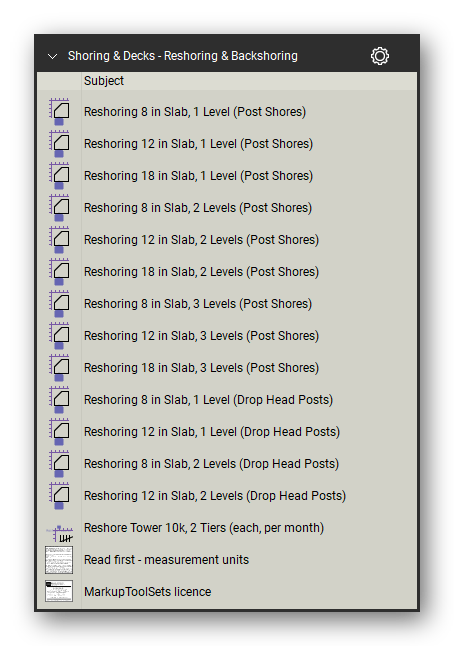 Reshoring and backshoring symbols in the Shoring & Elevated Decks Takeoff & Estimating Bluebeam tool set