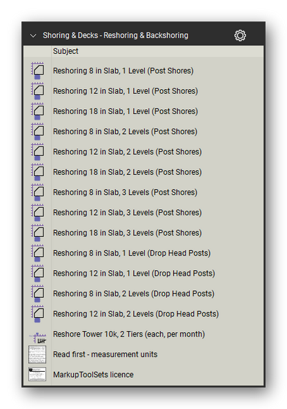 Reshoring and backshoring symbols in the Shoring & Elevated Decks Takeoff & Estimating Bluebeam tool set