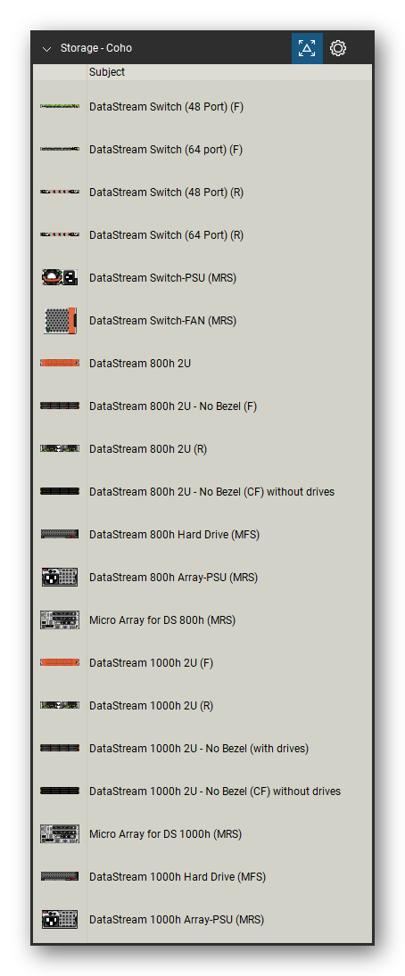 Storage & Backup tool set for Bluebeam Revu, Coho set (tools 1-20 of 35) - 20 views of 16 devices, front and rear: DataStream Switch (48 Port), DataStream Switch (64 port), DataStream Switch-PSU (MRS), DataStream Switch-FAN (MRS), DataStream 800h 2U, DataStream 800h 2U - No Bezel, DataStream 800h 2U - No Bezel (CF) without, DataStream 800h Hard Drive (MFS), DataStream 800h Array-PSU (MRS), Micro Array for DS 800h (MRS) and 6 more. Tool Chest in Detail view, one row per tool with its name.
