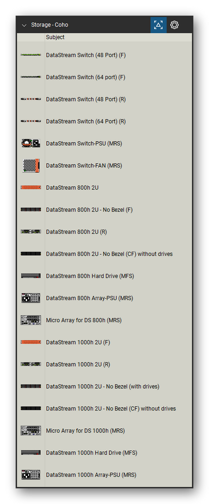 Storage & Backup tool set for Bluebeam Revu, Coho set (tools 1-20 of 35) - 20 views of 16 devices, front and rear: DataStream Switch (48 Port), DataStream Switch (64 port), DataStream Switch-PSU (MRS), DataStream Switch-FAN (MRS), DataStream 800h 2U, DataStream 800h 2U - No Bezel, DataStream 800h 2U - No Bezel (CF) without, DataStream 800h Hard Drive (MFS), DataStream 800h Array-PSU (MRS), Micro Array for DS 800h (MRS) and 6 more. Tool Chest in Detail view, one row per tool with its name.