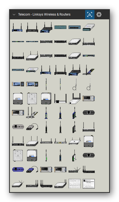 Telecom, Voice & Wireless tool set for Bluebeam Revu, Linksys Wireless & Routers set - 70 views of 27 devices, front, rear and isometric: WAP55AG, RV042, RV082, RVS4000, WRV200, RVL200, RV016 (Desktop), WRT55AG, WMP55AG, WPC55AG and 17 more. Tool Chest in Symbol view.