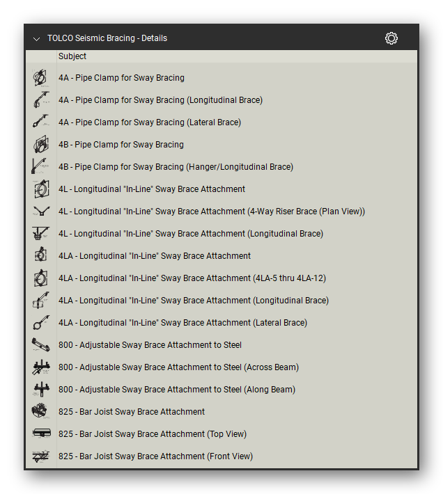 Tolco seismic bracing symbols in the Pipe Hangers and Supports Takeoff & Estimating Bluebeam tool set (sheet 1 of 4)