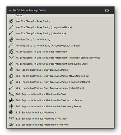 Tolco seismic bracing symbols in the Pipe Hangers and Supports Takeoff & Estimating Bluebeam tool set (sheet 1 of 4)
