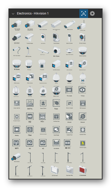 Automation & Electronics tool set for Bluebeam Revu, Hikvision 1 set (tools 1-72 of 188) - 72 views of 70 devices, rear: Box Camera, Varifocal Lens, Box Camera, Fixed Lens, Outdoor Housing Camera, Bullet Camera, 3G Network Camera, Thermal Imaging Network Camera, Thermal Imager, Bi-Spectrum, Card Camera, Compact, Cube Camera, IR, Button Camera, Covert and 60 more. Tool Chest in Symbol view.
