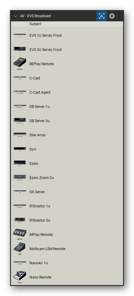 AV, Broadcast & Stage Lighting tool set for Bluebeam Revu, EVS Broadcast set (tools 1-18 of 71) - 18 tools: EVS 1U Server, EVS 3U Server, BEPlay Remote, C-Cast, C-Cast Agent, DB Server 1u, DB Server 3u, Disk Array, Dyvi, Epsio and 8 more. Tool Chest in Detail view, one row per tool with its name.