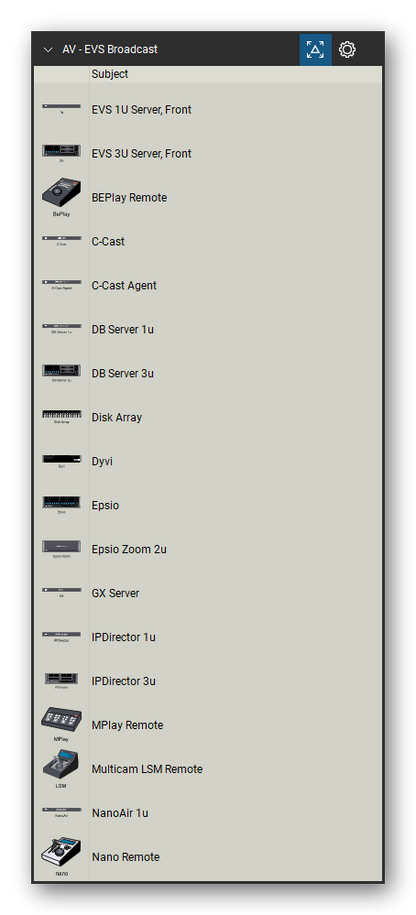 AV, Broadcast & Stage Lighting tool set for Bluebeam Revu, EVS Broadcast set (tools 1-18 of 71) - 18 tools: EVS 1U Server, EVS 3U Server, BEPlay Remote, C-Cast, C-Cast Agent, DB Server 1u, DB Server 3u, Disk Array, Dyvi, Epsio and 8 more. Tool Chest in Detail view, one row per tool with its name.
