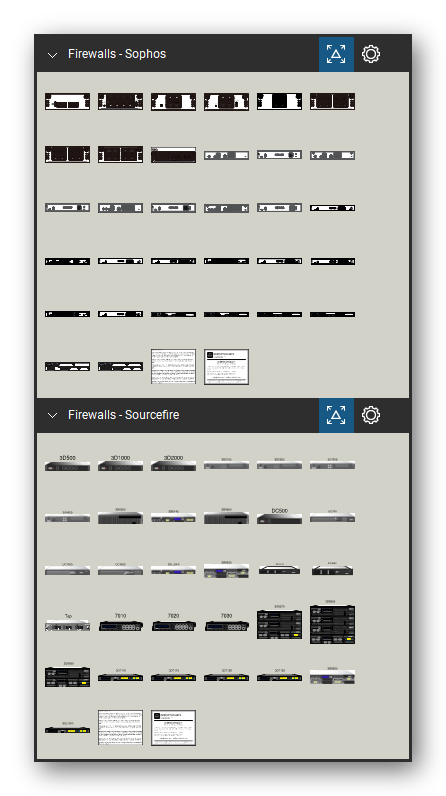 Firewalls & Security Appliances tool set for Bluebeam Revu, the Sophos and Sourcefire sets in the Tool Chest - Sophos (32 views of 28 devices) and Sourcefire (31 tools). Tool Chest in Symbol view.