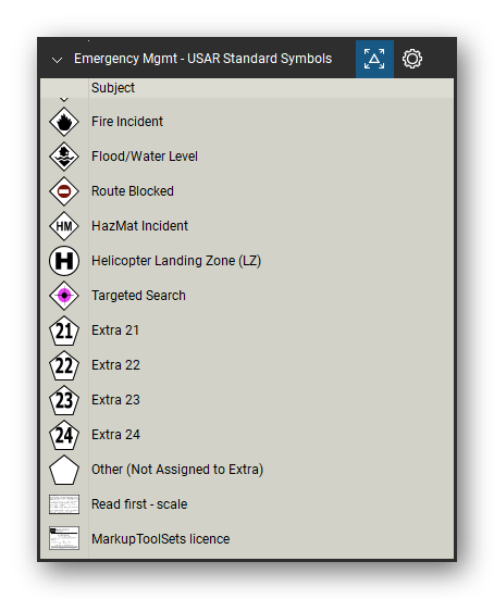 Incident & Emergency Management tool set for Bluebeam Revu, USAR Standard Symbols set (tools 15-25 of 25) - 11 tools: Fire Incident, Flood/Water Level, Route Blocked, HazMat Incident, Helicopter Landing Zone (LZ), Targeted Search, Extra 21, Extra 22, Extra 23, Extra 24 and 1 more. Tool Chest in Detail view, one row per tool with its name.