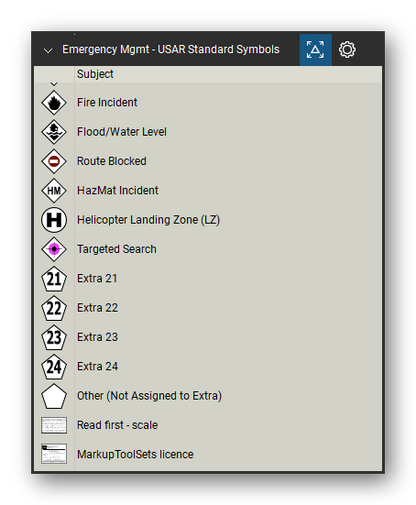 Incident & Emergency Management tool set for Bluebeam Revu, USAR Standard Symbols set (tools 15-25 of 25) - 11 tools: Fire Incident, Flood/Water Level, Route Blocked, HazMat Incident, Helicopter Landing Zone (LZ), Targeted Search, Extra 21, Extra 22, Extra 23, Extra 24 and 1 more. Tool Chest in Detail view, one row per tool with its name.