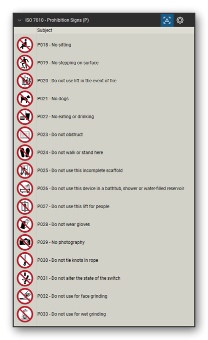 ISO 7010 Safety Signs tool set for Bluebeam Revu, Prohibition Signs (P) set (part 2 of 5) - 81 prohibition signs, red ring and bar: general prohibition sign, no smoking, no open flame, no thoroughfare, not drinking water, no access for forklift trucks, no access for people with implanted cardiac devices, do not touch, do not extinguish with water, no mobile phones, do not use lift in the event of fire, do not obstruct and more. Tool Chest in Detail view, one row per sign with its number and full name.