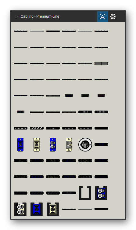 Patch Panels, Fiber & Outlets tool set for Bluebeam Revu, Premium-Line set (tools 1-72 of 105) - 72 tools: 1U Cat.6A Unshielded, 0.5U Cat.6A Unshielded, 1U Cat.6A 48port Unshielded, 1U Cat.6A Shielded, 0.5U Cat.6A Shielded, 1U Cat.6 Unshielded, 0.5U Cat.6 Unshielded, 1U Cat.6 W/Labeling Unshielded, 1U Cat.6 48port Unshielded, 1U Cat.6 Shielded and 62 more. Tool Chest in Symbol view.