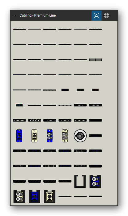 Patch Panels, Fiber & Outlets tool set for Bluebeam Revu, Premium-Line set (tools 1-72 of 105) - 72 tools: 1U Cat.6A Unshielded, 0.5U Cat.6A Unshielded, 1U Cat.6A 48port Unshielded, 1U Cat.6A Shielded, 0.5U Cat.6A Shielded, 1U Cat.6 Unshielded, 0.5U Cat.6 Unshielded, 1U Cat.6 W/Labeling Unshielded, 1U Cat.6 48port Unshielded, 1U Cat.6 Shielded and 62 more. Tool Chest in Symbol view.