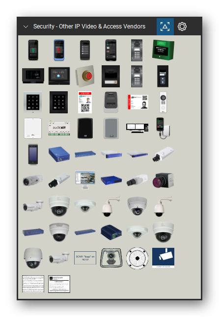 Security & Surveillance tool set for Bluebeam Revu, Other IP Video & Access Vendors set - 54 tools: EvTrack_Handheld_Chainway_C71, EvTrack_Handheld_Chainway_C70t, EvTrack_Handheld_Honeywell_EDA51, EvTrack Handheld Memor 10, EvTrack IP_Force, EvTrack Glass Break, EvTrack 2N Touch Panel, EvTrack 2N Indoor View, EvTrack Panic Button, EvTrack 2N IP Solo 1 Button and 43 more. Tool Chest in Symbol view.